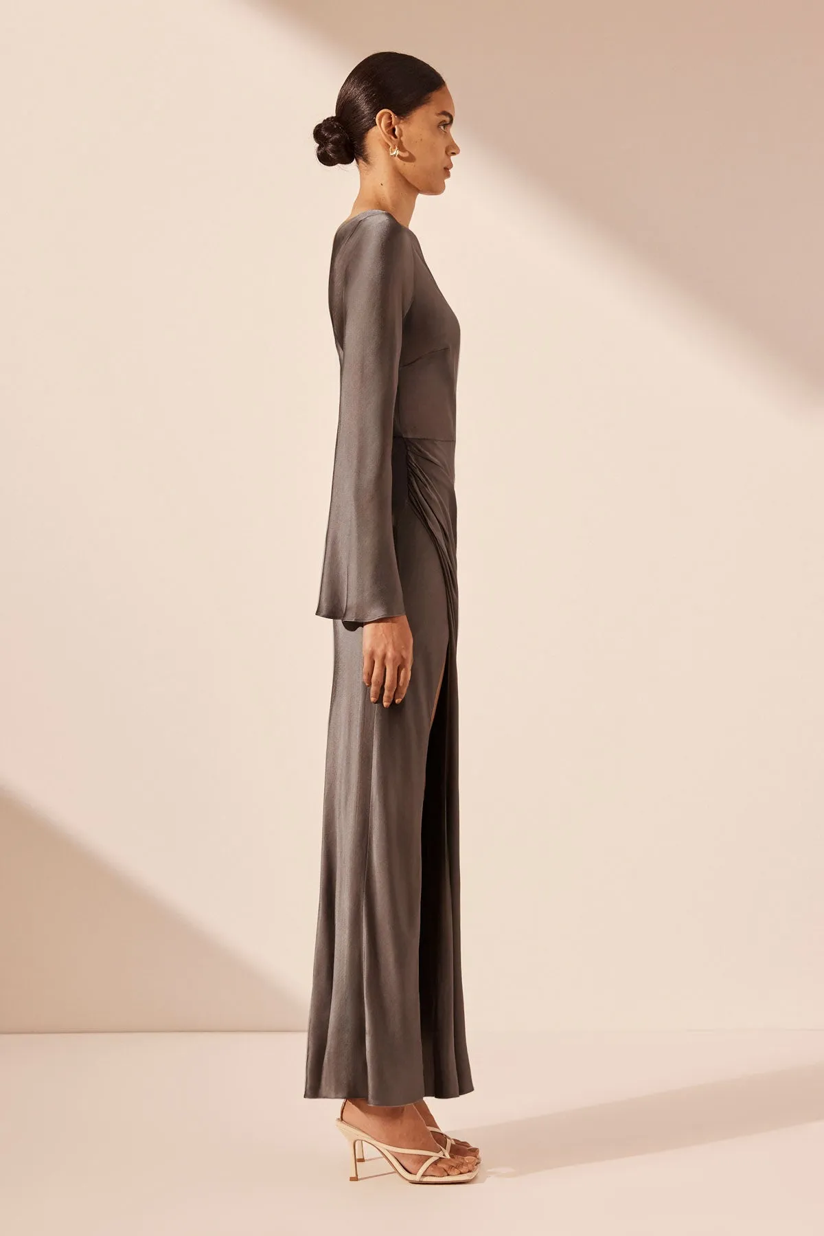 LA LUNE FLARED SLEEVE SIDE SPLIT MIDI DRESS - GRAPHITE sold by Shona Joy product image thumbnail 4