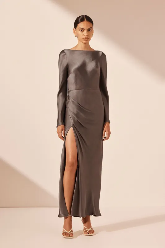LA LUNE FLARED SLEEVE SIDE SPLIT MIDI DRESS - GRAPHITE sold by Shona Joy