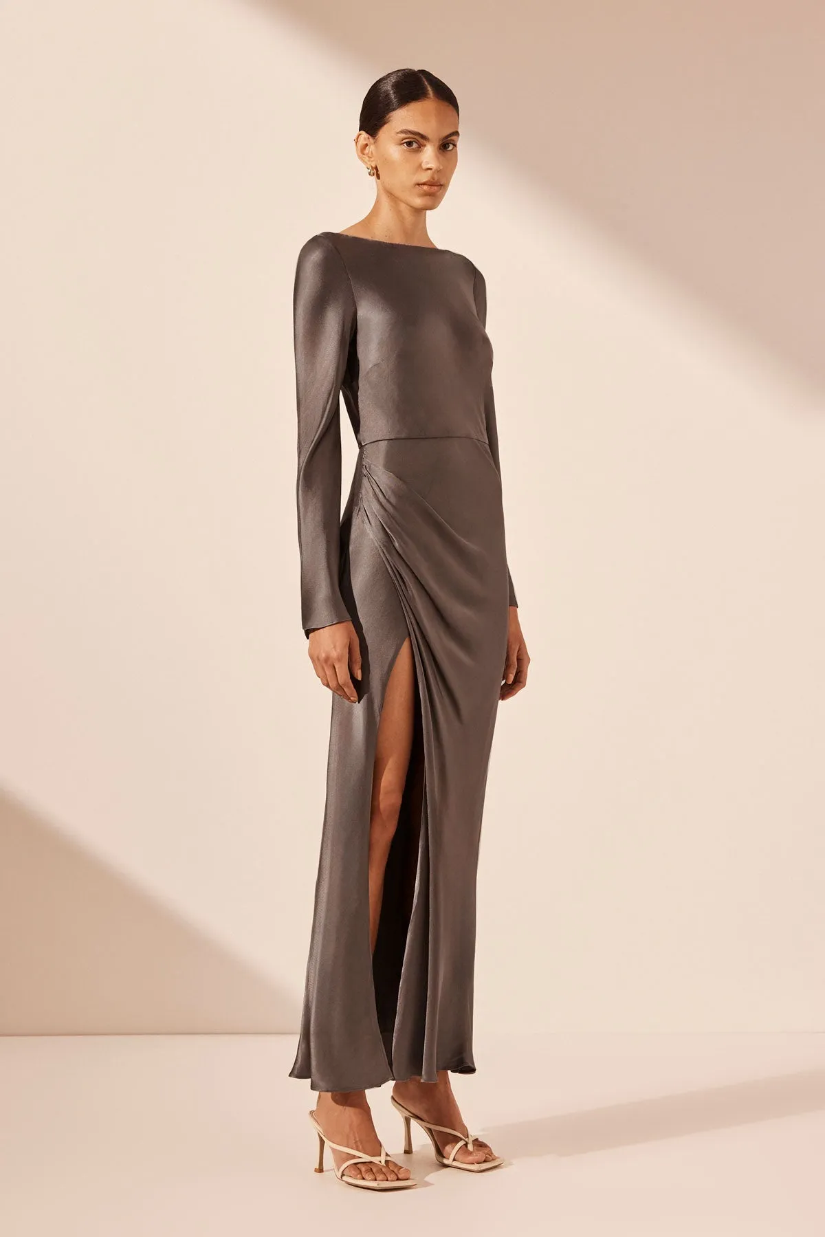 LA LUNE FLARED SLEEVE SIDE SPLIT MIDI DRESS - GRAPHITE sold by Shona Joy product image thumbnail 2