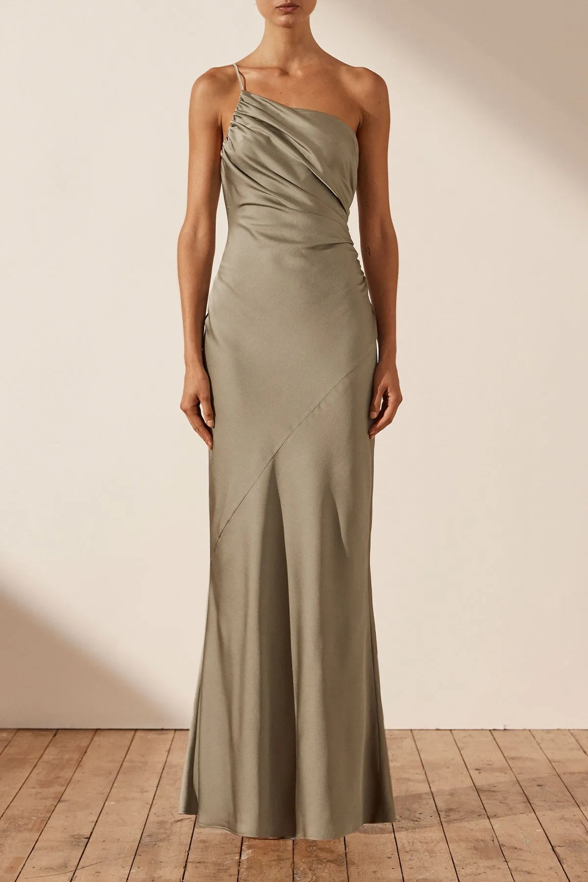 LUXE ASYMMETRICAL GATHERED MAXI DRESS - EUCALYPTUS sold by Shona Joy
