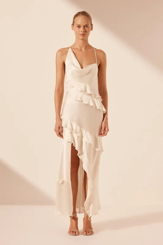 LOUELLA SILK ASYMMETRICAL RUFFLE MAXI DRESS - IVORY sold by Shona Joy