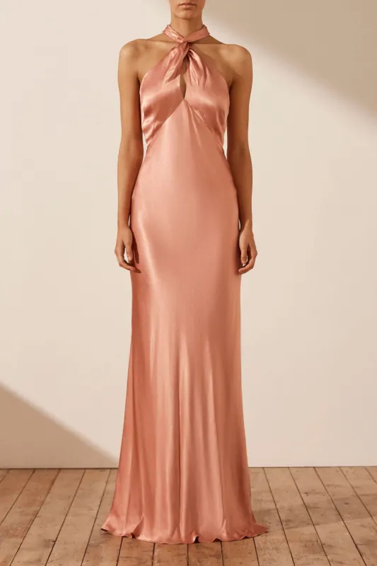 LA LUNE HIGH NECK TWIST MAXI DRESS - ANTIQUE ROSE sold by Shona Joy