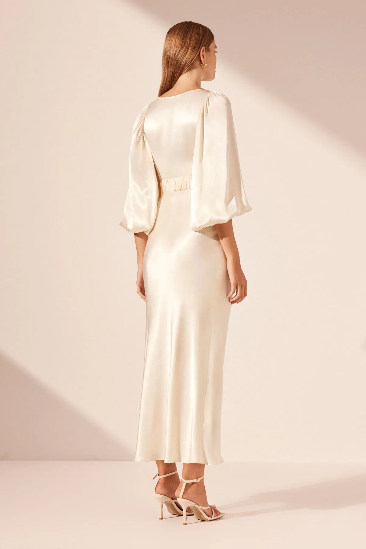 LA LUNE BALLOON SLEEVE MIDI DRESS WITH BELT - CREAM | Parallel