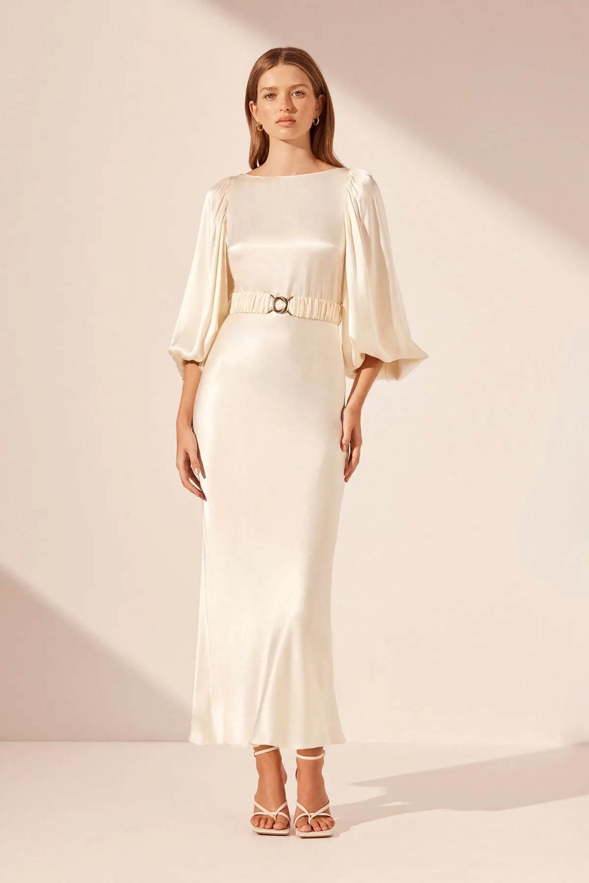 LA LUNE BALLOON SLEEVE MIDI DRESS WITH BELT - CREAM | Parallel