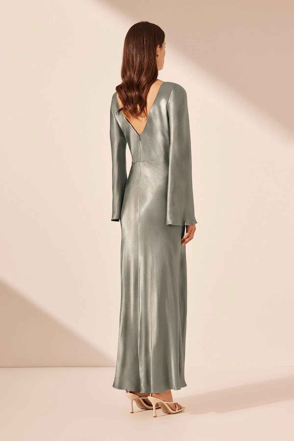 LA LUNE FLARED SLEEVE SIDE SPLIT MIDI DRESS - SAGE sold by Shona Joy product image thumbnail 4