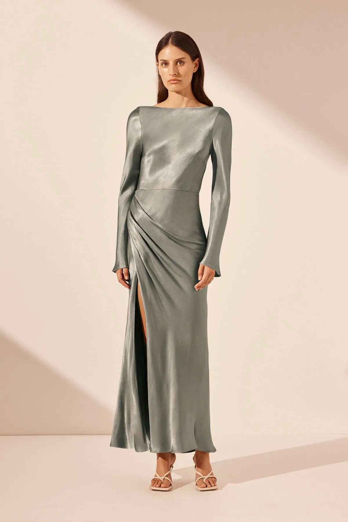 LA LUNE FLARED SLEEVE SIDE SPLIT MIDI DRESS - SAGE sold by Shona Joy
