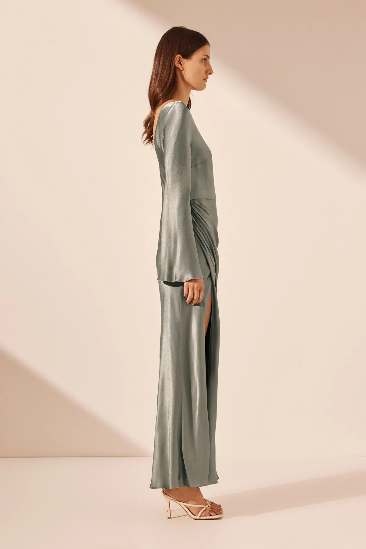 LA LUNE FLARED SLEEVE SIDE SPLIT MIDI DRESS - SAGE sold by Shona Joy product image thumbnail 3