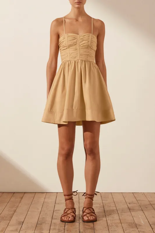 ESTELA RUCHED PANEL MINI DRESS - SAND sold by Shona Joy
