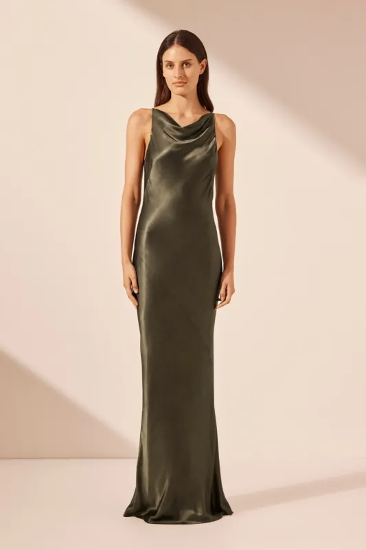LA LUNE HIGH NECK COWL MAXI DRESS - FOREST sold by Shona Joy