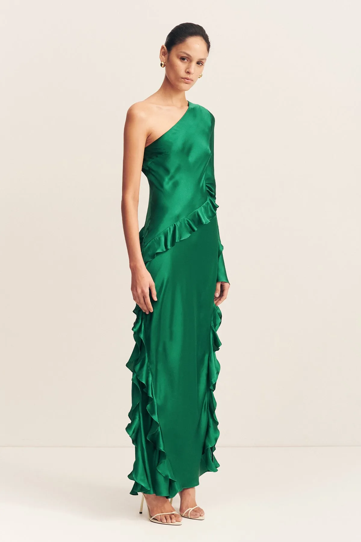 ELLE SILK ASYMMETRICAL ONE SHOULDER RUFFLE MAXI DRESS - EMERALD GREEN sold by Shona Joy product image thumbnail 3