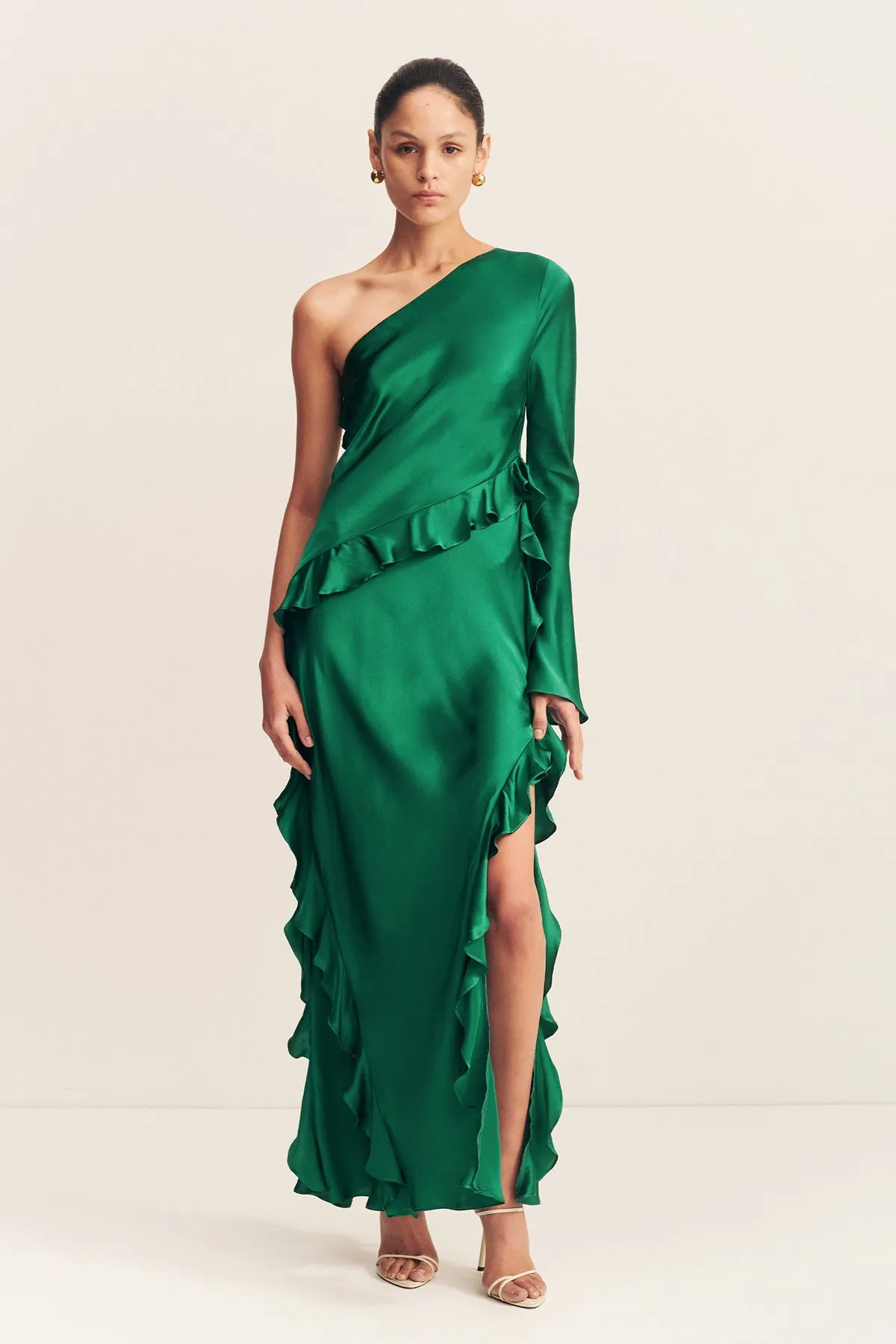 ELLE SILK ASYMMETRICAL ONE SHOULDER RUFFLE MAXI DRESS - EMERALD GREEN sold by Shona Joy