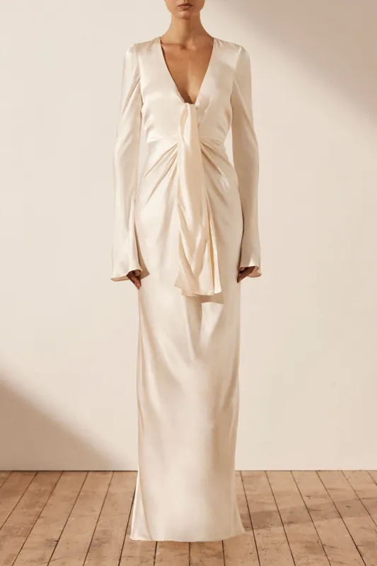 LA LUNE PLUNGED TIE FRONT MAXI DRESS - CREAM sold by Shona Joy