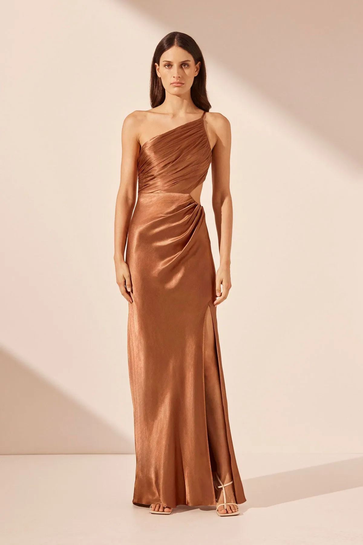 LA LUNE ASYMMETRICAL GATHERED MAXI DRESS - ALMOND sold by Shona Joy