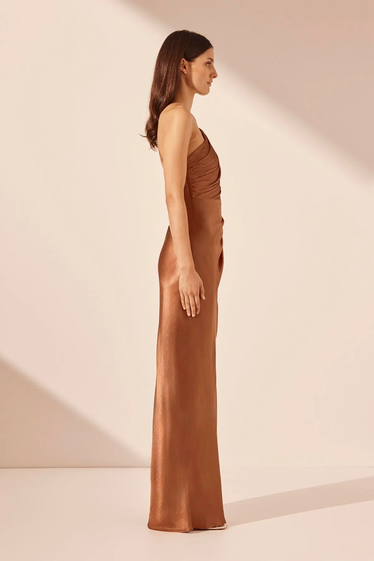 LA LUNE ASYMMETRICAL GATHERED MAXI DRESS - ALMOND sold by Shona Joy product image thumbnail 4