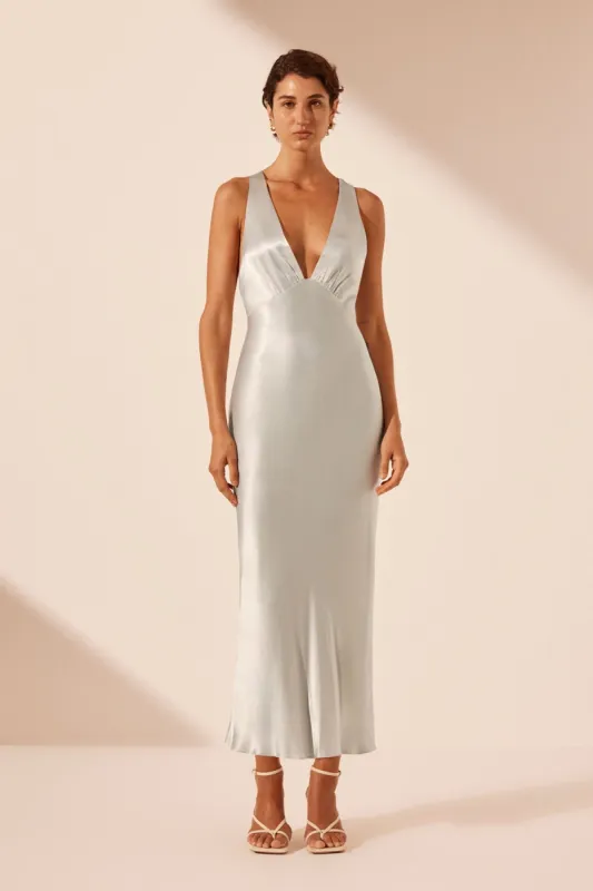 LA LUNE PLUNGED CROSS BACK MIDI DRESS - SILVER sold by Shona Joy