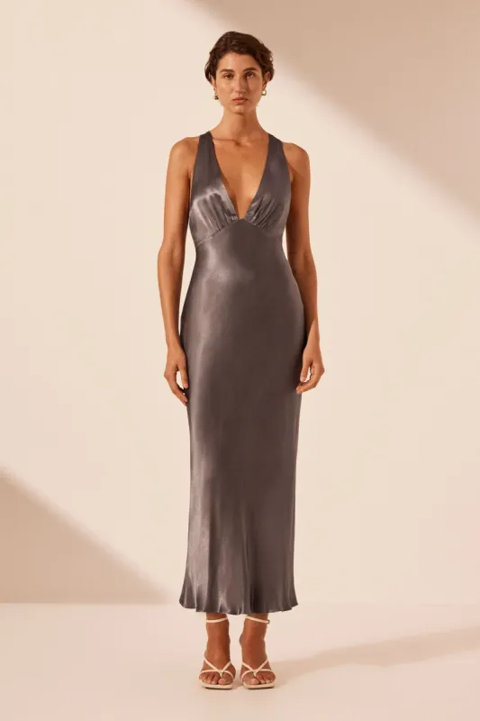 LA LUNE PLUNGED CROSS BACK MIDI DRESS - GRAPHITE sold by Shona Joy