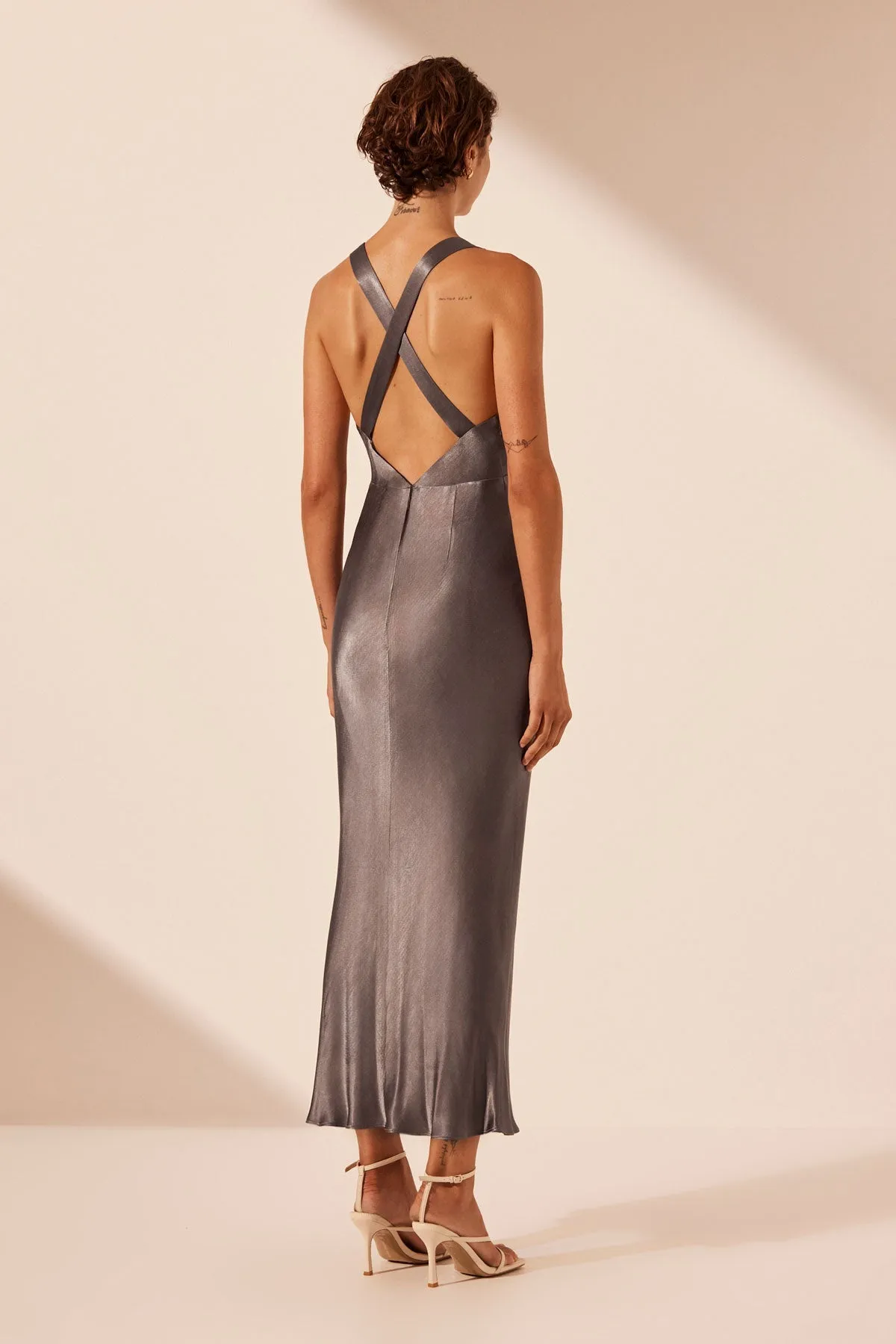 LA LUNE PLUNGED CROSS BACK MIDI DRESS - GRAPHITE sold by Shona Joy product image thumbnail 4