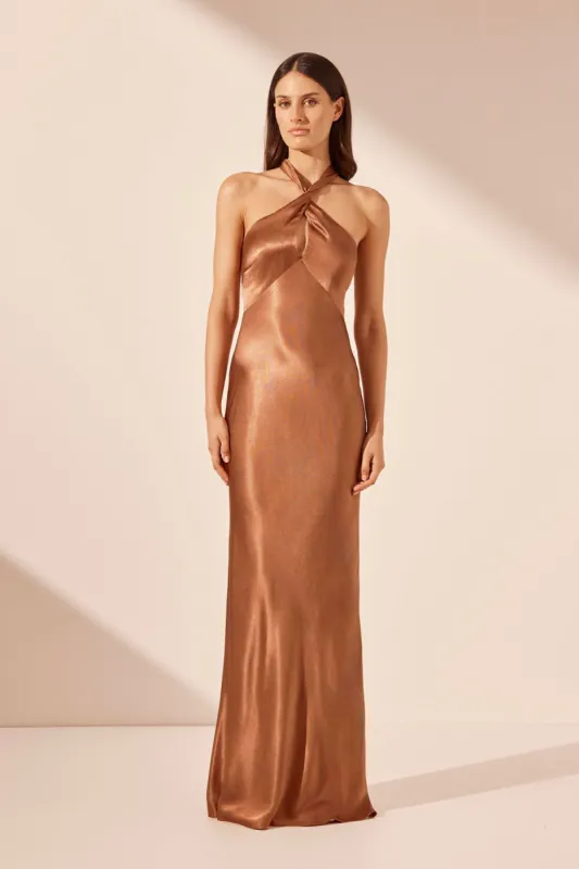 LA LUNE HIGH NECK TWIST MAXI DRESS - ALMOND sold by Shona Joy