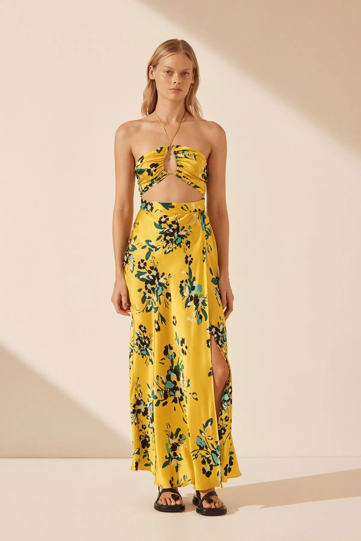 ROMILLY SILK CROSS FRONT CUT OUT MIDI DRESS sold by Shona Joy
