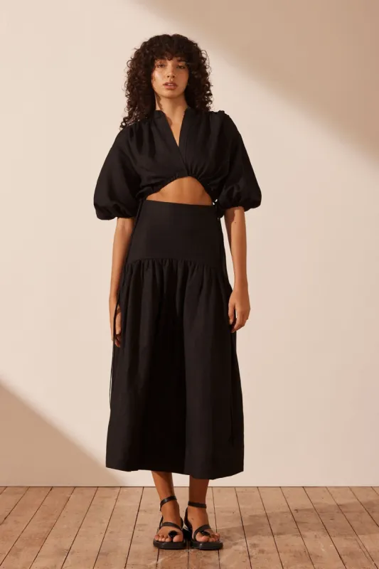 MARE LINEN DECONSTRUCTED MIDI DRESS - BLACK sold by Shona Joy