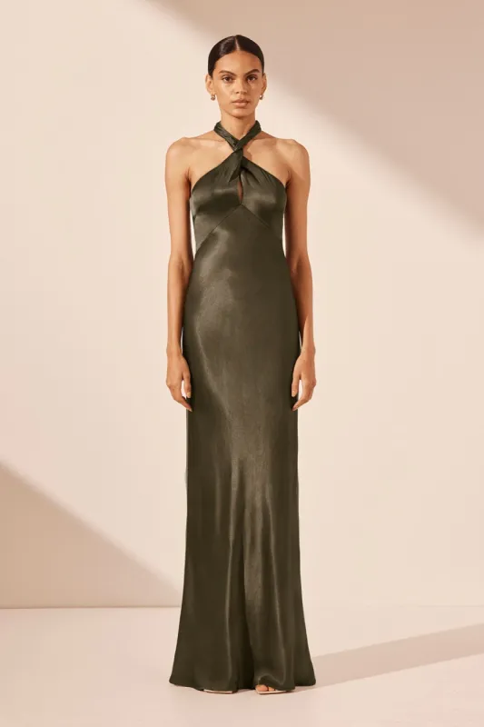 LA LUNE HIGH NECK TWIST MAXI DRESS - FOREST sold by Shona Joy