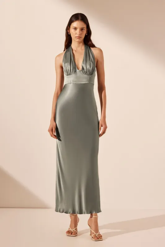 LA LUNE PLUNGED HALTER MIDI DRESS - SAGE sold by Shona Joy