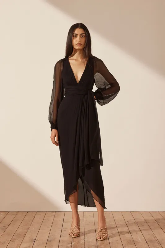 ISOLA PLUNGED LONG SLEEVE MIDI DRESS - BLACK sold by Shona Joy