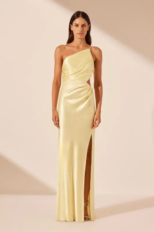 LA LUNE ASYMMETRICAL GATHERED MAXI DRESS - LEMON made by Shona Joy