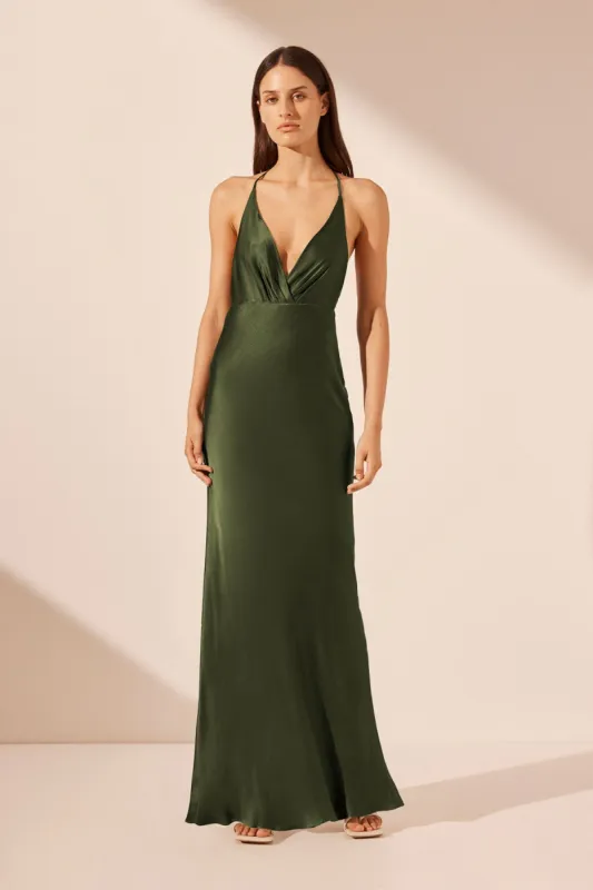ELIA PLUNGED OPEN BACK HALTER MAXI DRESS - FERN sold by Shona Joy