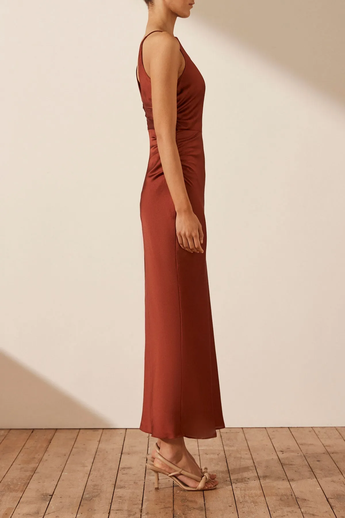 LUXE HIGH NECK RUCHED MIDI DRESS - SANGRIA sold by Shona Joy product image thumbnail 3