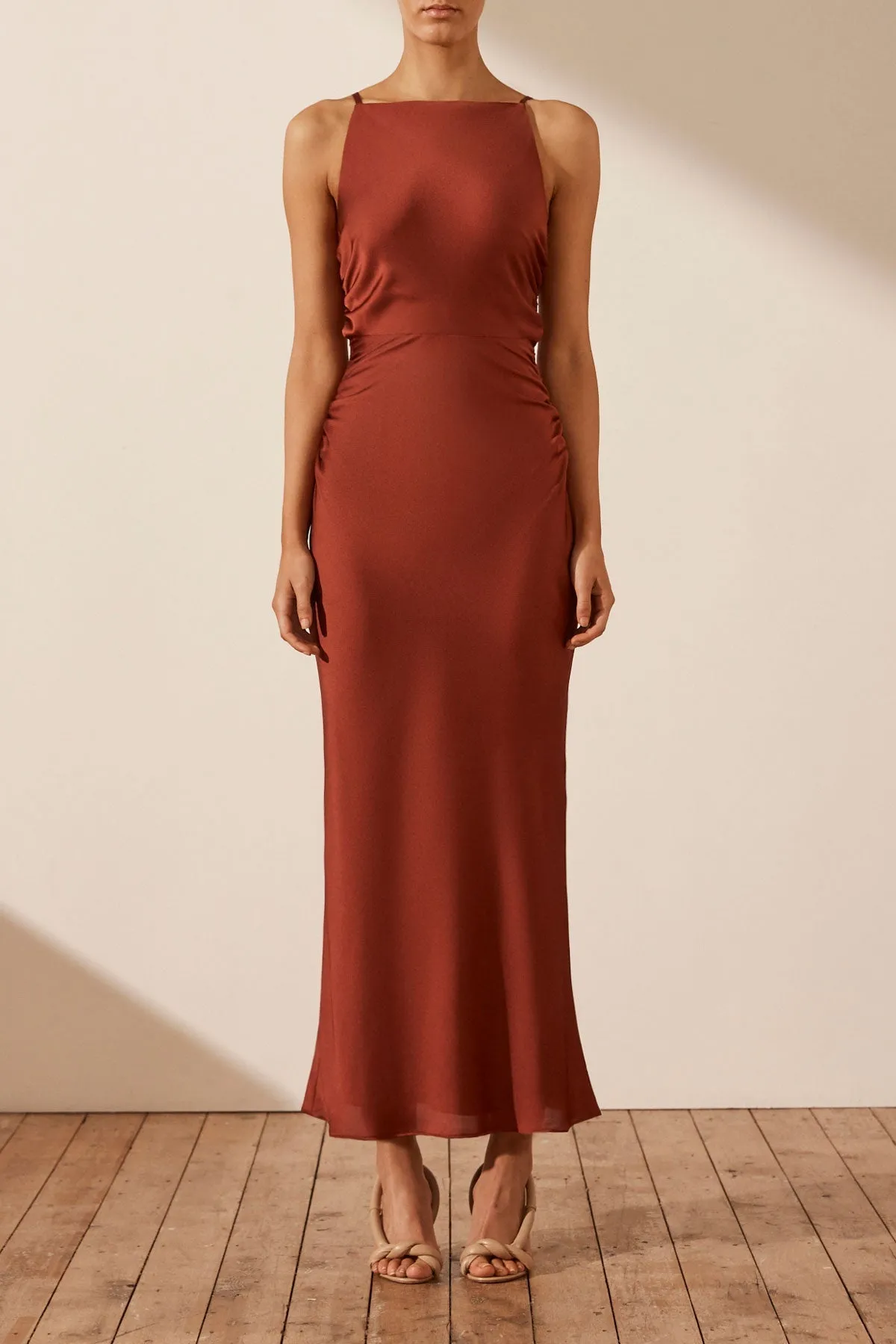 LUXE HIGH NECK RUCHED MIDI DRESS - SANGRIA sold by Shona Joy