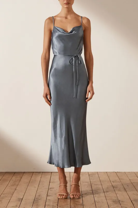 LA LUNE BIAS COWL MIDI DRESS - BLUE SMOKE sold by Shona Joy