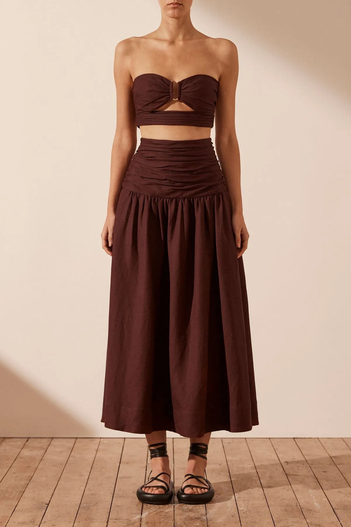CEZANNE LINEN RUCHED MIDI SKIRT - COCOA sold by Shona Joy