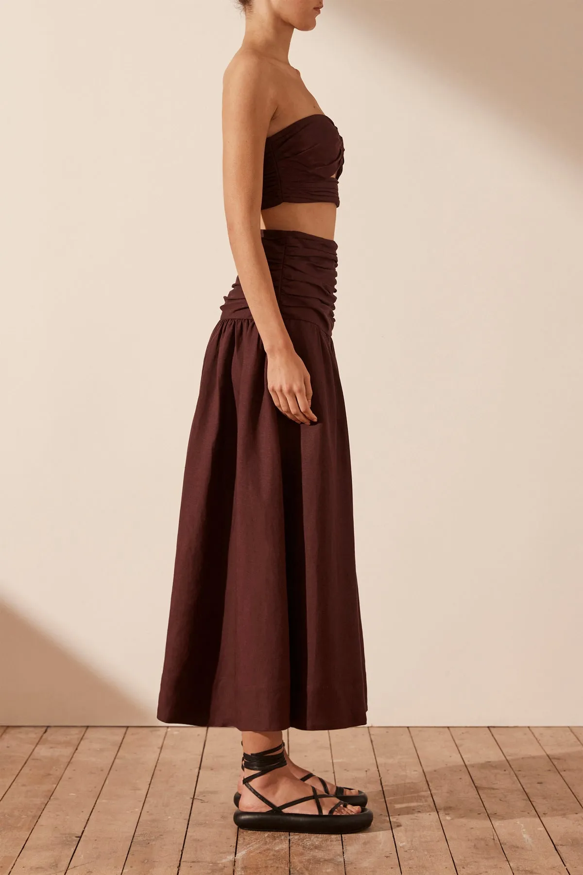 CEZANNE LINEN RUCHED MIDI SKIRT - COCOA sold by Shona Joy product image thumbnail 3