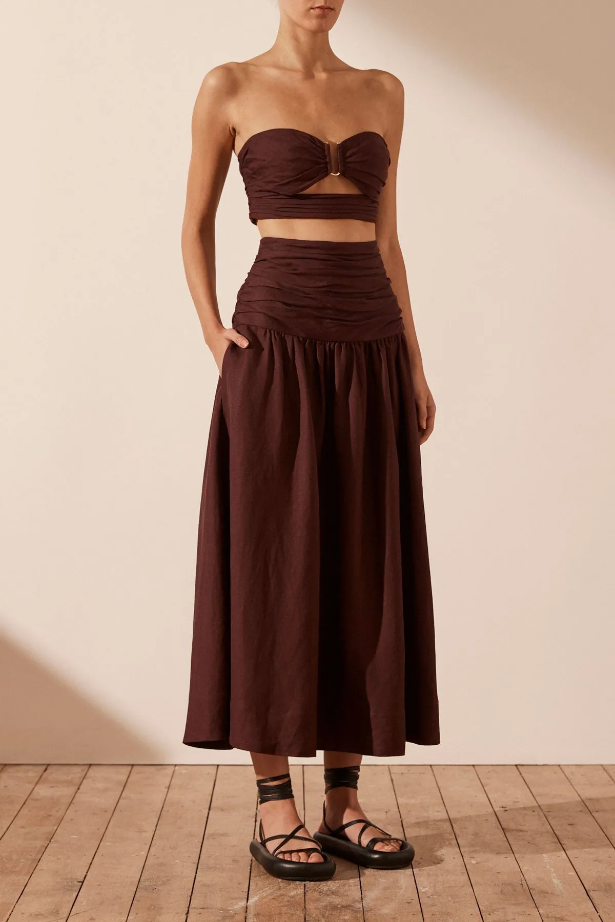 CEZANNE LINEN RUCHED MIDI SKIRT - COCOA sold by Shona Joy product image thumbnail 2
