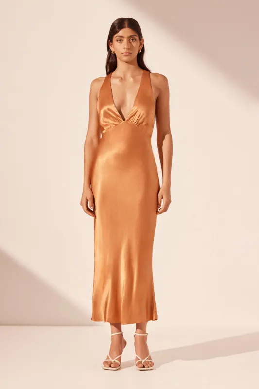 LYDIE PLUNGED CROSS BACK MIDI DRESS - GOLDEN OAK sold by Shona Joy