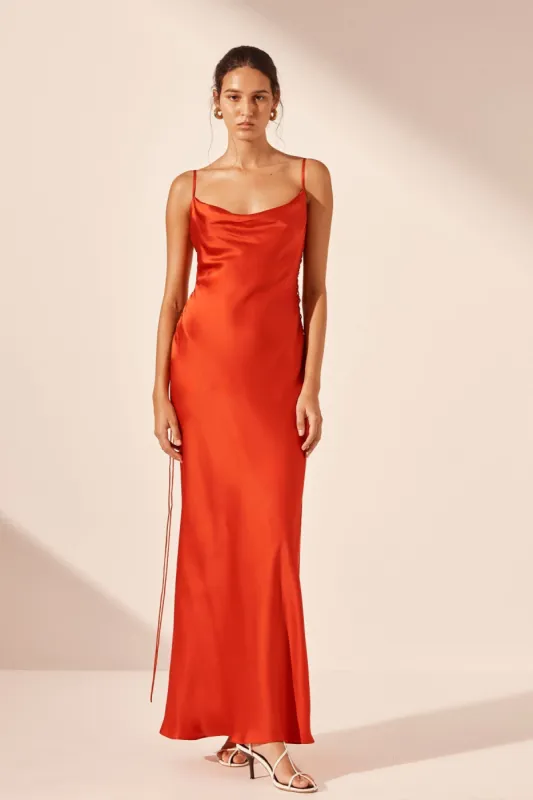 MILENNA SILK COWL NECK LACE UP MAXI DRESS - CHILLI RED sold by Shona Joy