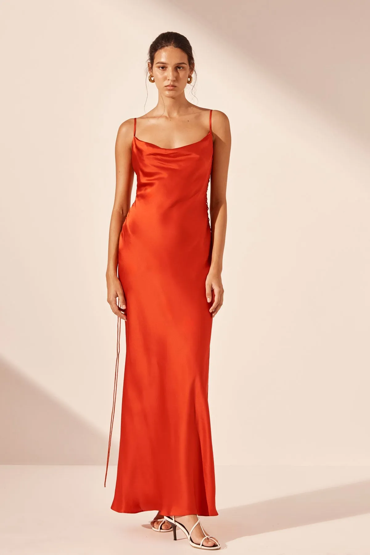 MILENNA SILK COWL NECK LACE UP MAXI DRESS - CHILLI RED sold by Shona Joy