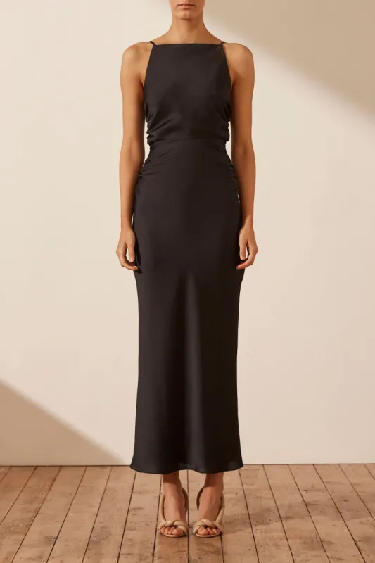 LUXE HIGH NECK RUCHED MIDI DRESS - ONYX sold by Shona Joy