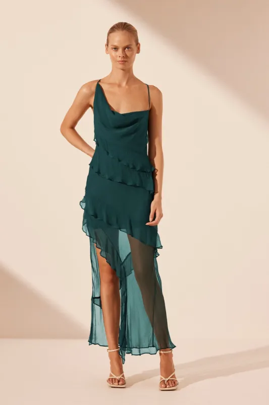 LAYLA ASYMMETRICAL RUFFLE MAXI DRESS - DARK TEAL sold by Shona Joy