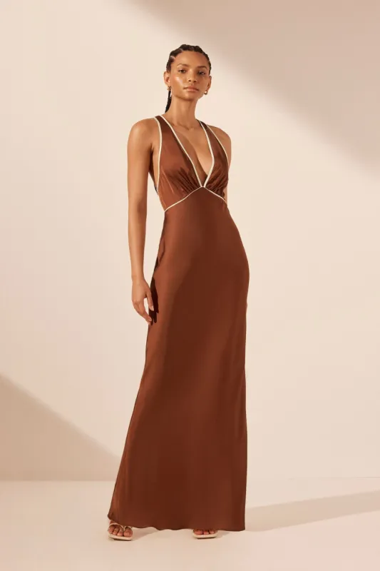 BELKIS CONTRAST PLUNGED CROSS BACK MAXI DRESS sold by Shona Joy