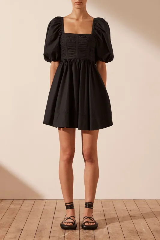 MAREVA SHORT SLEEVE RUCHED PANEL MINI DRESS - BLACK sold by Shona Joy