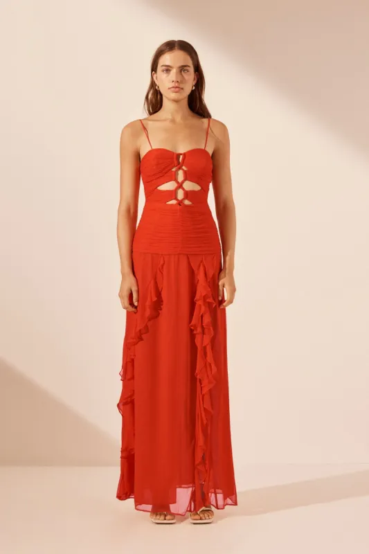 MAYA RUCHED LACE UP MAXI DRESS - HIBISCUS sold by Shona Joy