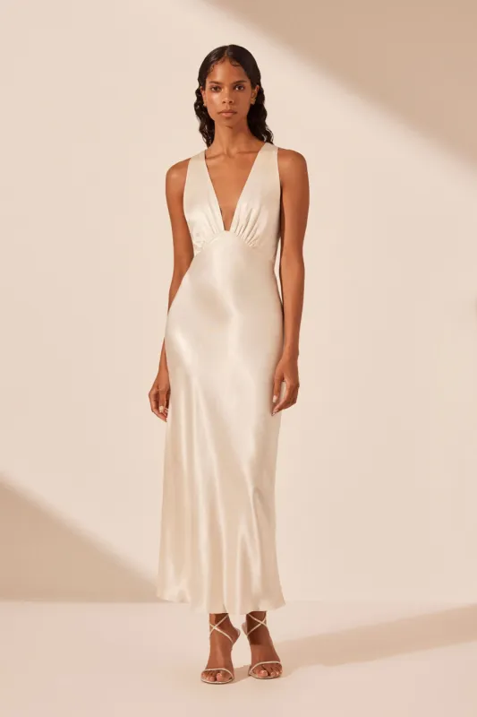 LA LUNE PLUNGED CROSS BACK MIDI DRESS - CREAM sold by Shona Joy