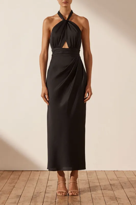 LUXE GATHERED HALTER MIDI DRESS - ONYX sold by Shona Joy