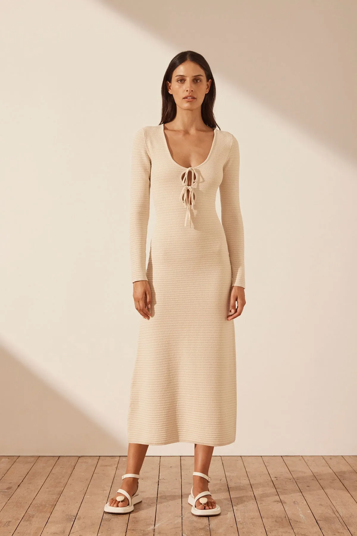 EVE LONG SLEEVE KEYHOLE MIDI DRESS - BONE sold by Shona Joy