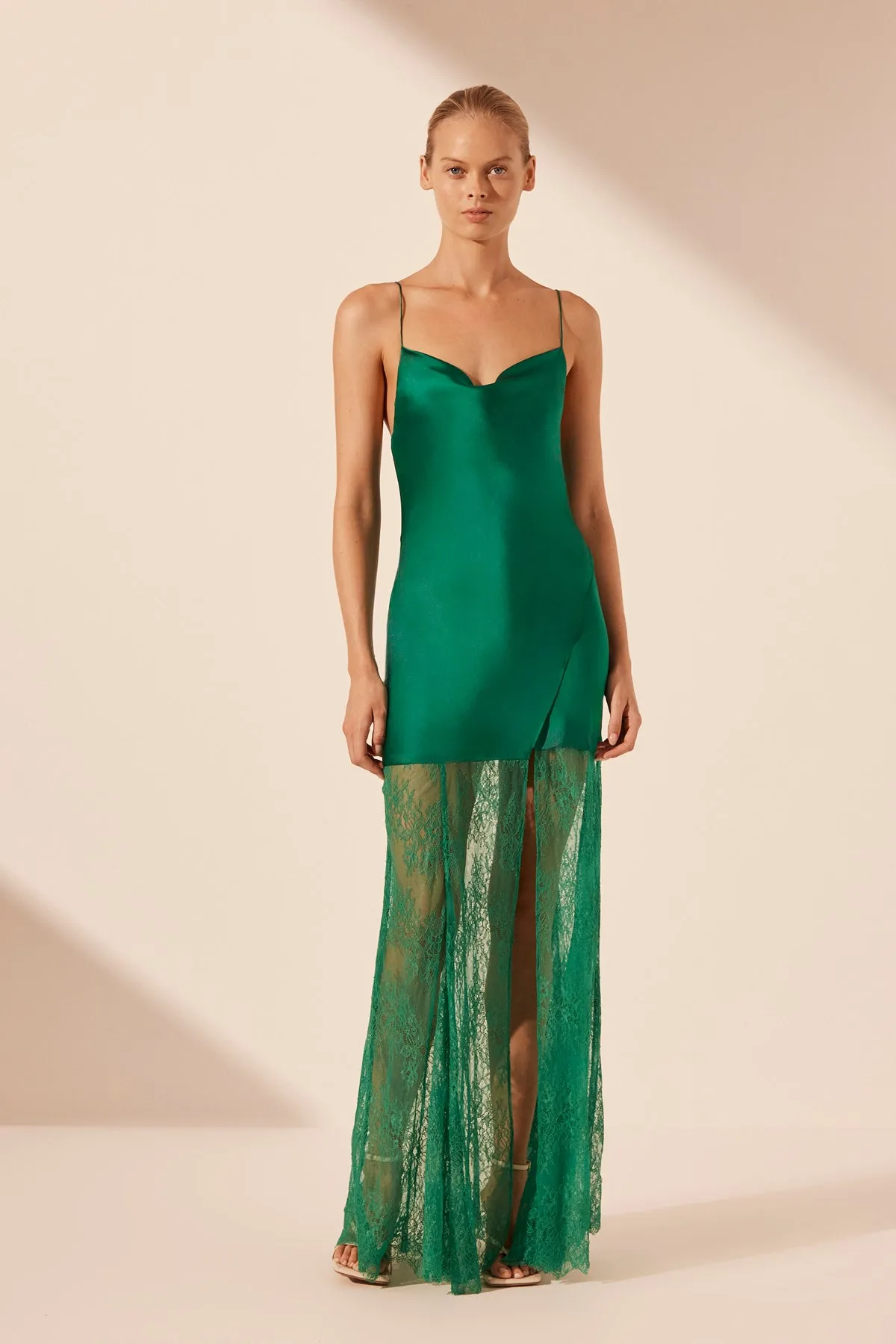 ELLE SILK LACE COWL MAXI DRESS - EMERALD GREEN sold by Shona Joy