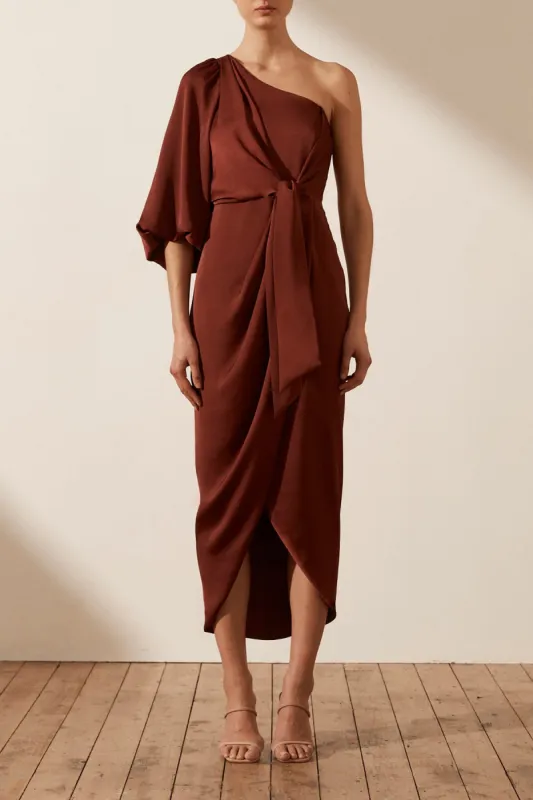 LUXE TIE FRONT ONE SHOULDER DRESS - SANGRIA sold by Shona Joy