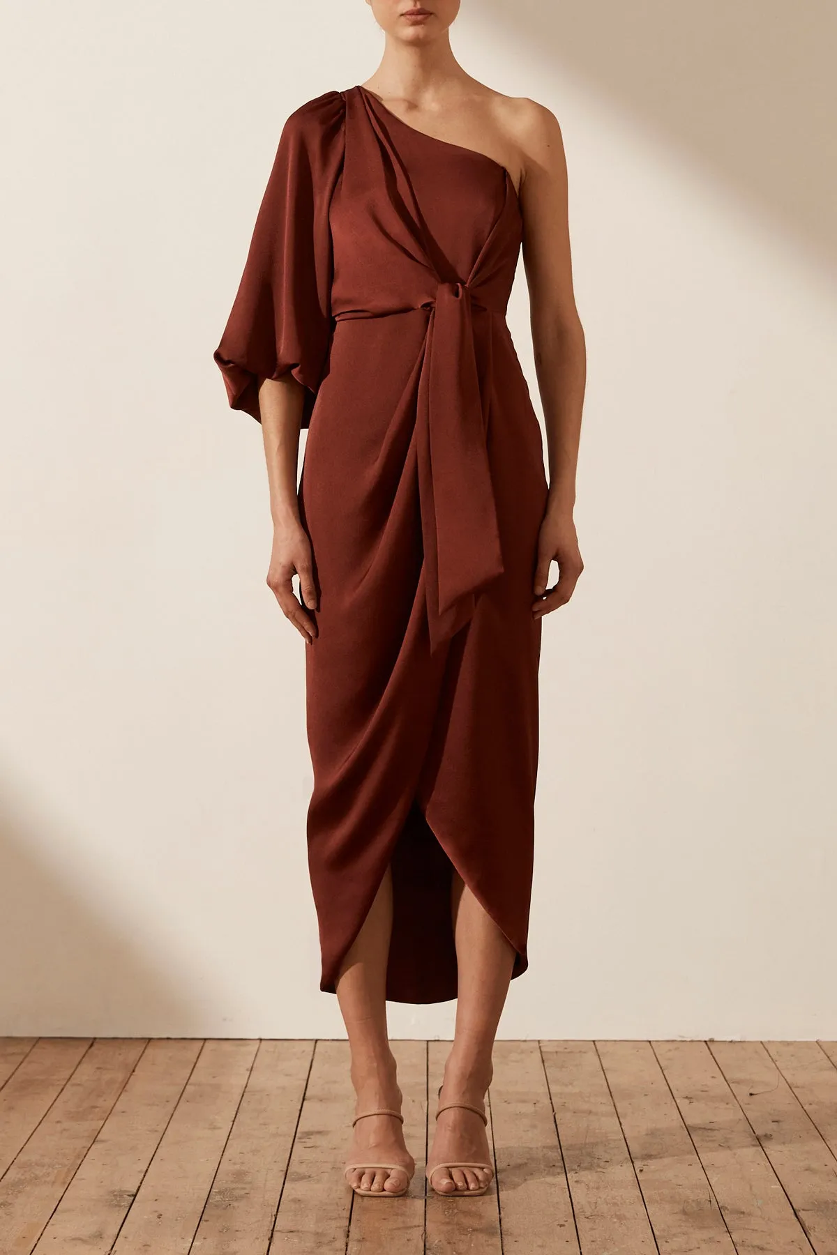 LUXE TIE FRONT ONE SHOULDER DRESS - SANGRIA sold by Shona Joy
