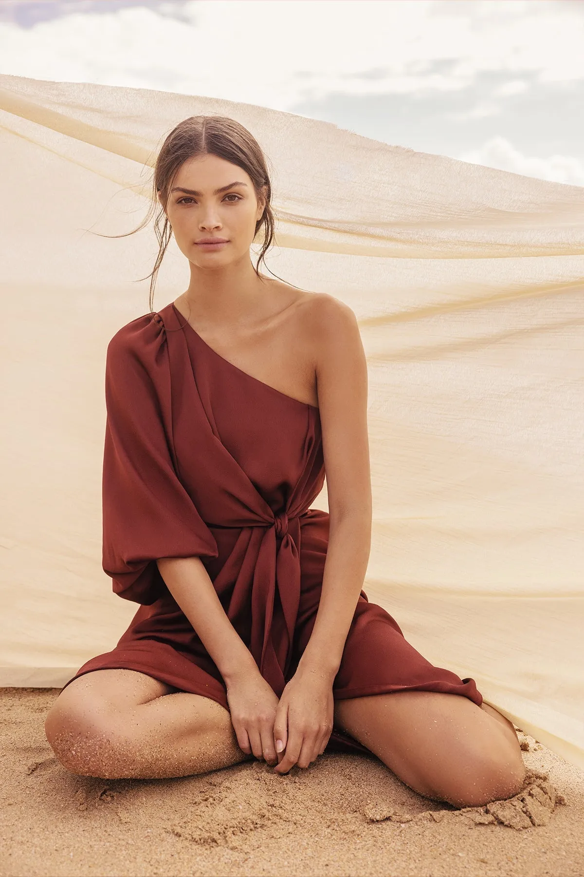 LUXE TIE FRONT ONE SHOULDER DRESS - SANGRIA sold by Shona Joy product image thumbnail 5